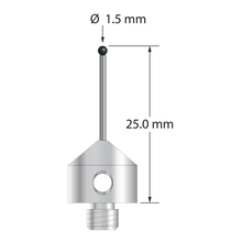 M5 stylus with 1.5 mm diameter silicon nitride ball, 1.0 mm diameter carbide stem, and 11.0 mm diameter x 10.0 mm long stainless steel base. Overall stylus length is 25.0 mm. Stylus weight is 5.69 grams.