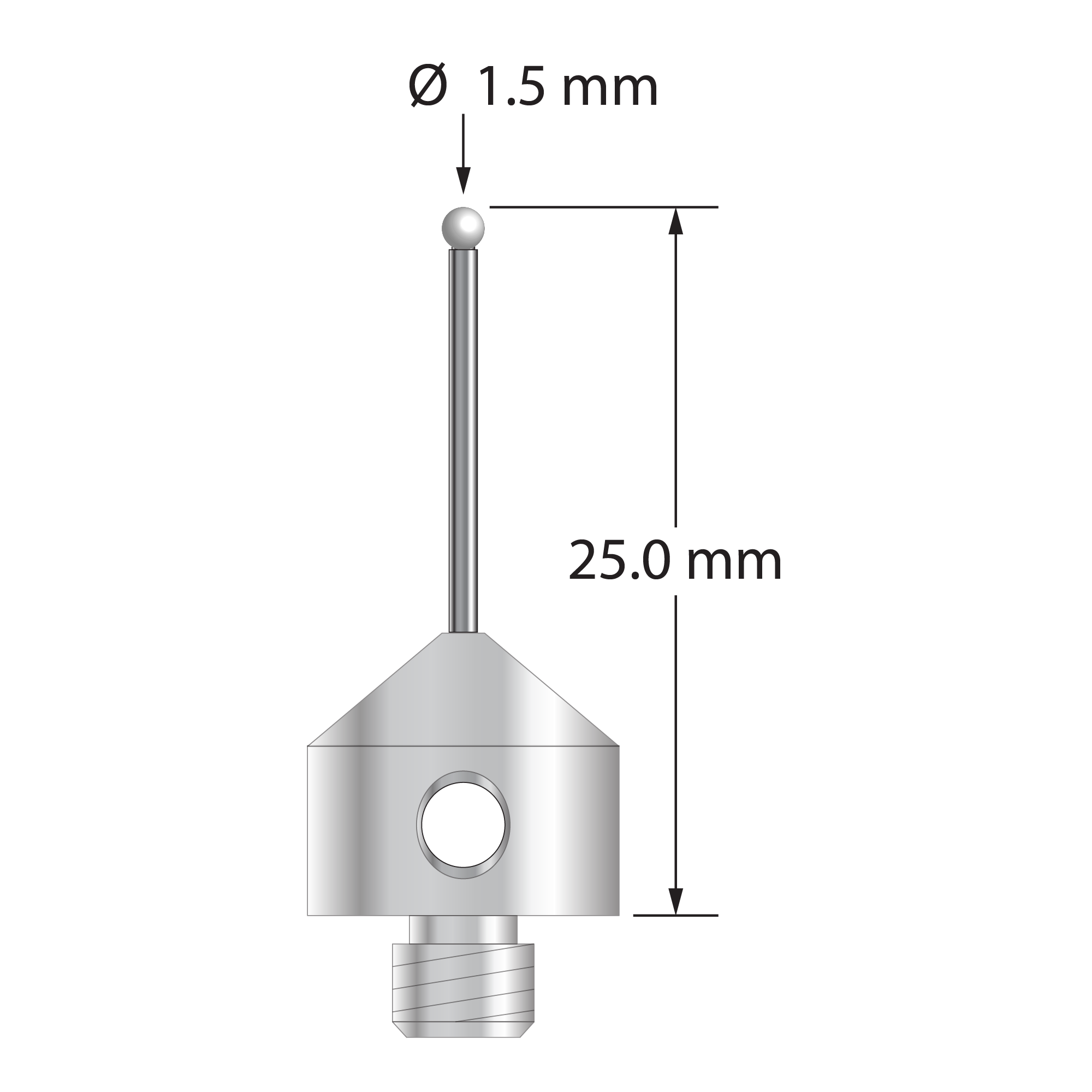 M5 stylus with 1.5 mm diameter zirconia ball, 1.0 mm diameter carbide stem, and 11.0 mm diameter x 10.0 mm long stainless steel base. Overall stylus length is 25.0 mm. Stylus weight is 5.69 grams.
