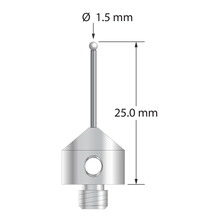 M5 stylus with 1.5 mm diameter zirconia ball, 1.0 mm diameter carbide stem, and 11.0 mm diameter x 10.0 mm long stainless steel base. Overall stylus length is 25.0 mm. Stylus weight is 5.69 grams.