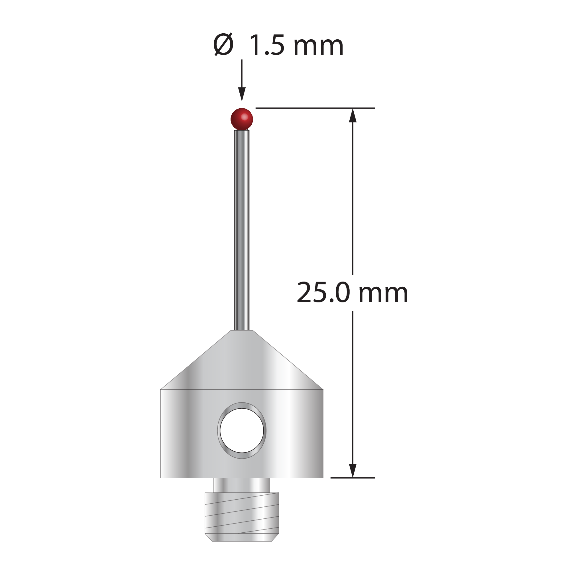 M5 stylus with 1.5 mm diameter ruby ball, 1.0 mm diameter carbide stem, and 11.0 mm diameter x 10.0 mm long stainless steel base. Overall stylus length is 25.0 mm. Stylus weight is 5.69 grams.