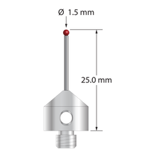 M5 stylus with 1.5 mm diameter ruby ball, 1.0 mm diameter carbide stem, and 11.0 mm diameter x 10.0 mm long stainless steel base. Overall stylus length is 25.0 mm. Stylus weight is 5.69 grams.