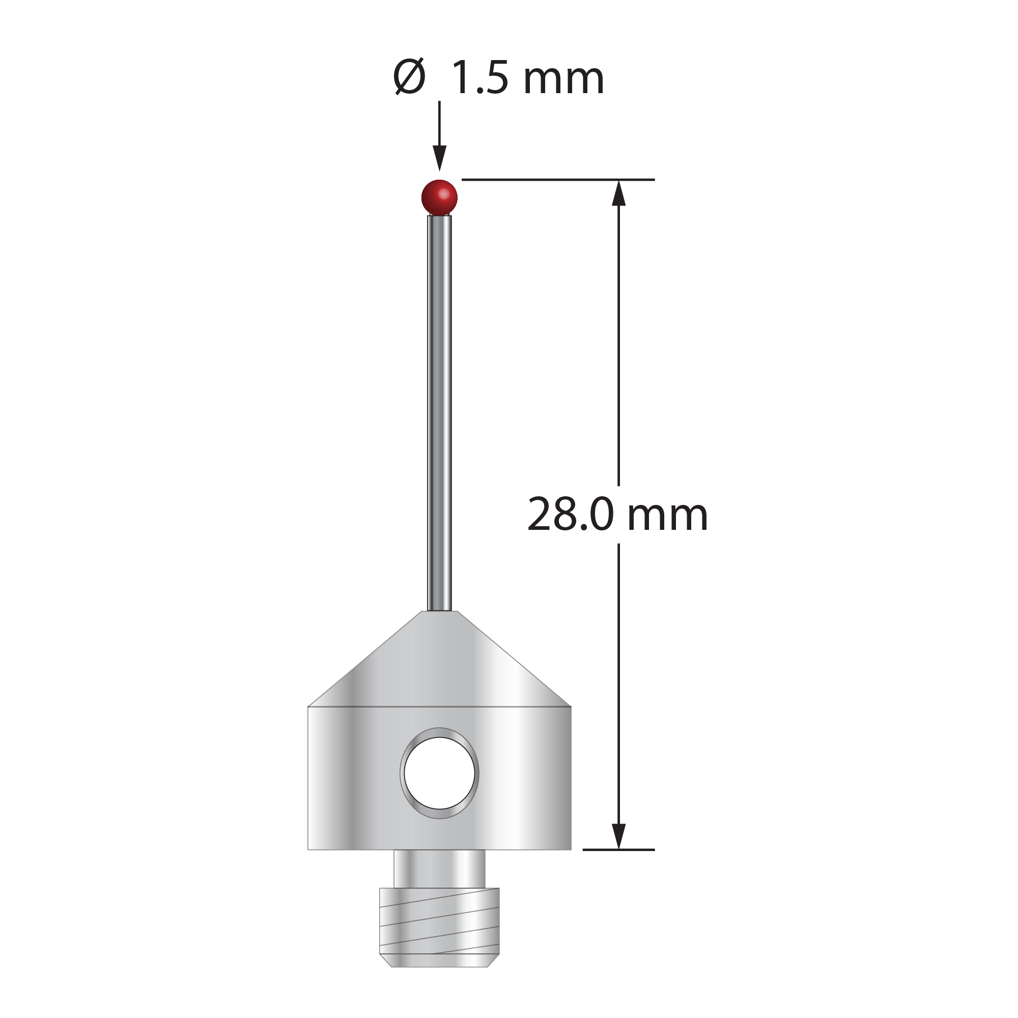 M5 stylus with 1.5 mm diameter ruby ball, 1.0 mm diameter carbide stem, and 11.0 mm diameter x 10.0 mm long stainless steel base. Overall stylus length is 28.0 mm. Stylus weight is 5.72 grams. Compare to Zeiss 626115-0151-028.