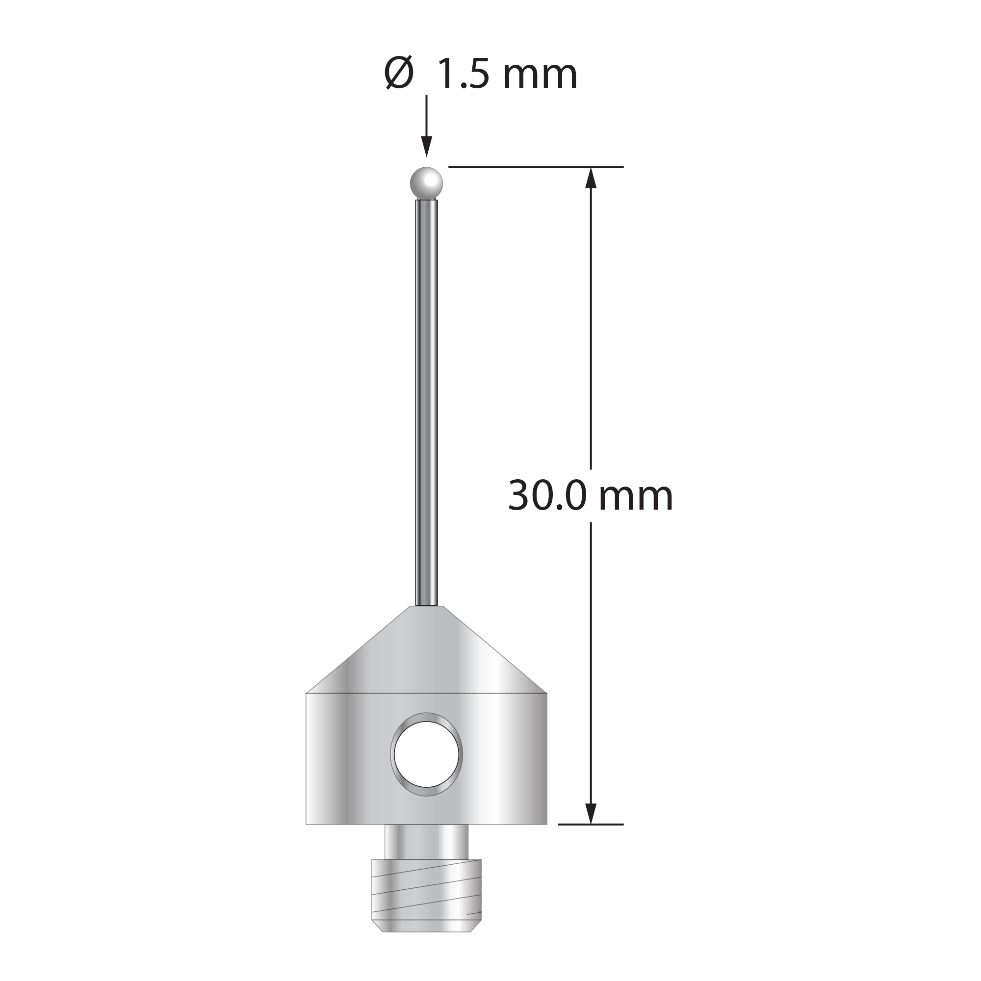 M5 stylus with 1.5 mm diameter zirconia ball, 1.0 mm diameter carbide stem, and 11.0 mm diameter x 10.0 mm long stainless steel base. Overall stylus length is 30.0 mm. Stylus weight is 5.75 grams.