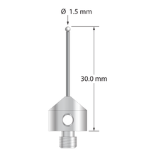 M5 stylus with 1.5 mm diameter zirconia ball, 1.0 mm diameter carbide stem, and 11.0 mm diameter x 10.0 mm long stainless steel base. Overall stylus length is 30.0 mm. Stylus weight is 5.75 grams.