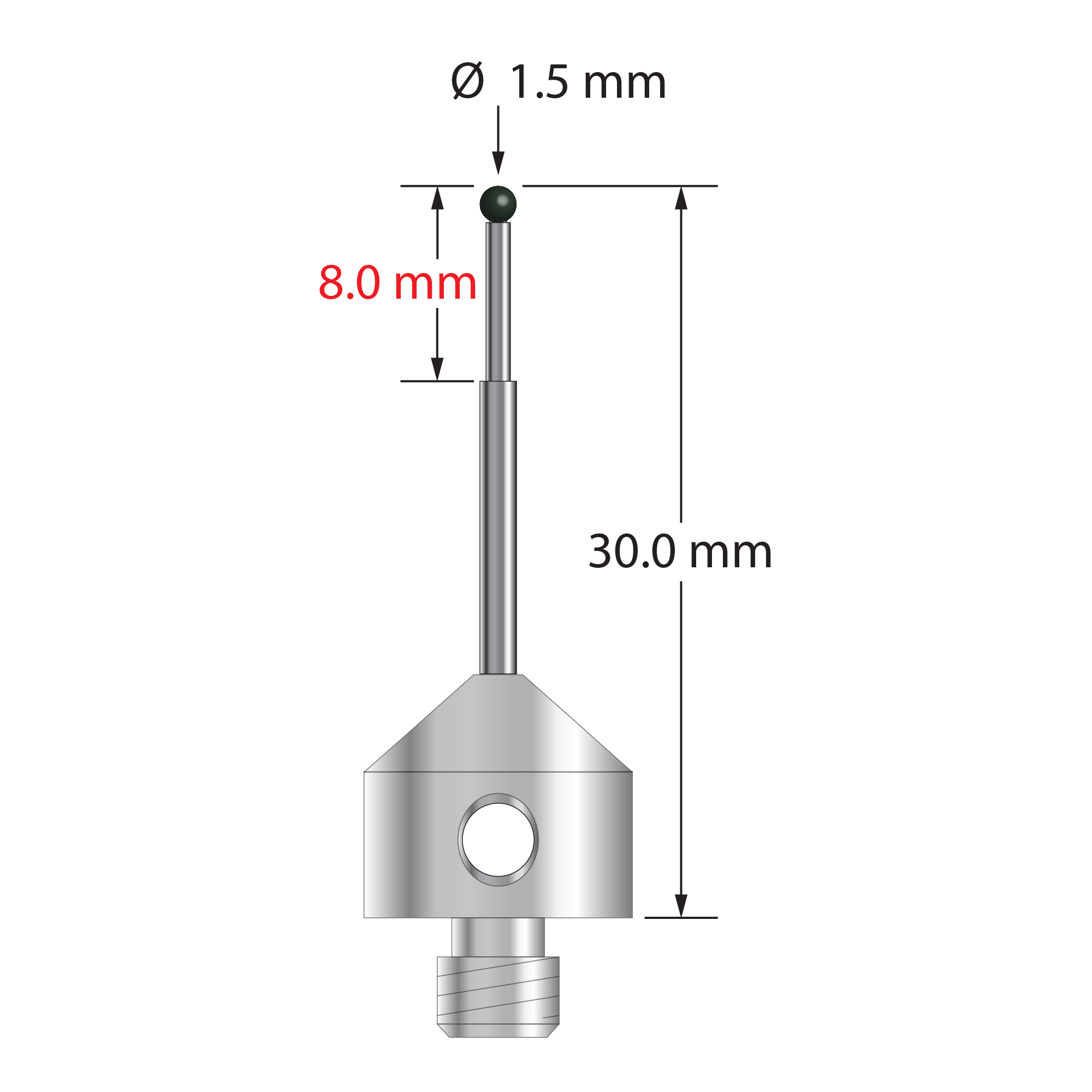 M5 stylus with 1.5 mm diameter silicon nitride ball, stepped carbide stem, and 11.0 mm diameter x 10.0 mm long anodized aluminum base. Minor stem diameter is 1.0 mm; major diameter is 1.5 mm. Overall stylus length is 30.0 mm. Stylus weight is 2.42 grams.