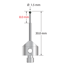 M5 stylus with 1.5 mm diameter silicon nitride ball, stepped carbide stem, and 11.0 mm diameter x 10.0 mm long anodized aluminum base. Minor stem diameter is 1.0 mm; major diameter is 1.5 mm. Overall stylus length is 30.0 mm. Stylus weight is 2.42 grams.