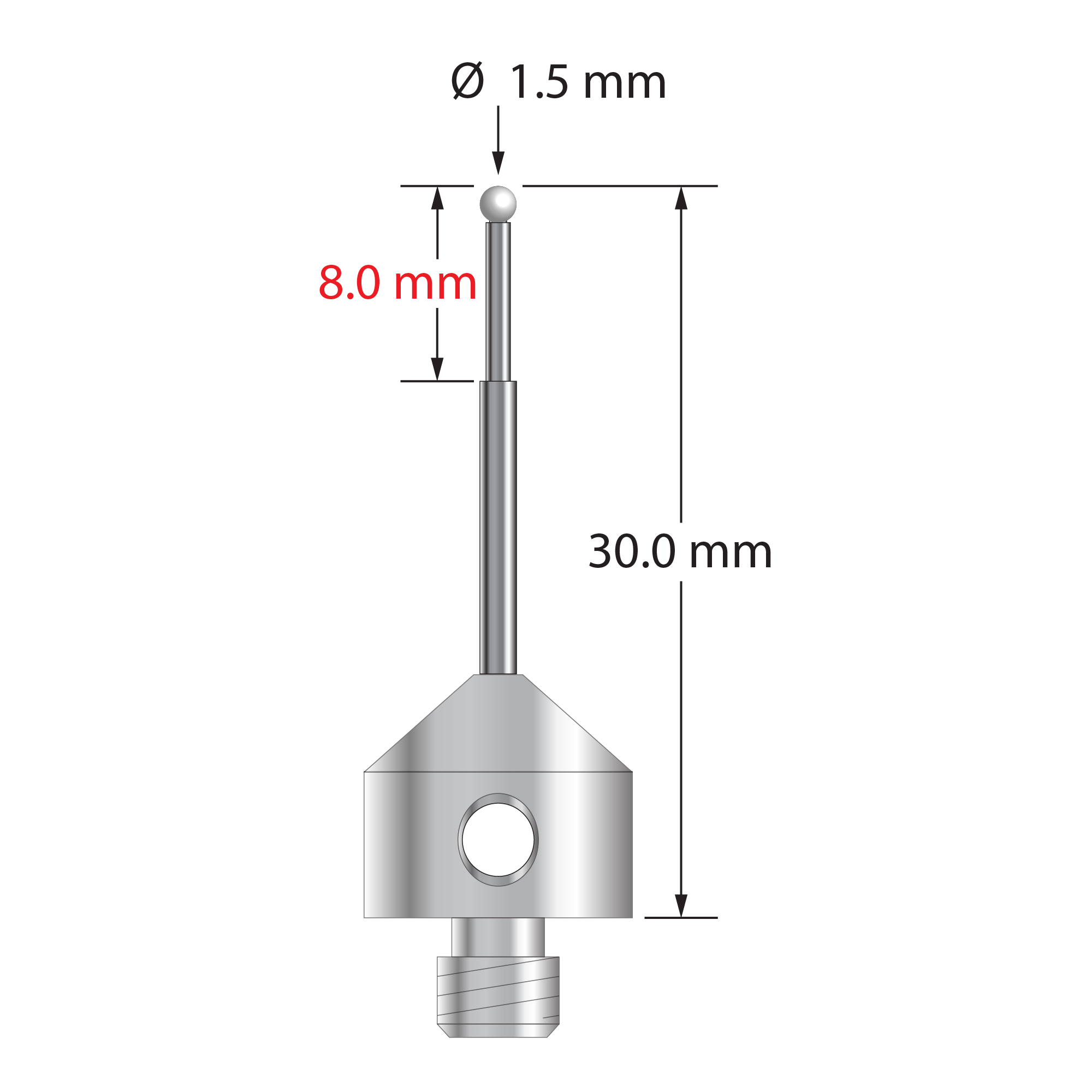 M5 stylus with 1.5 mm diameter zirconia ball, stepped carbide stem, and 11.0 mm diameter x 10.0 mm long anodized aluminum base. Minor stem diameter is 1.0 mm; major diameter is 1.5 mm. Overall stylus length is 30.0 mm. Stylus weight is 2.42 grams.