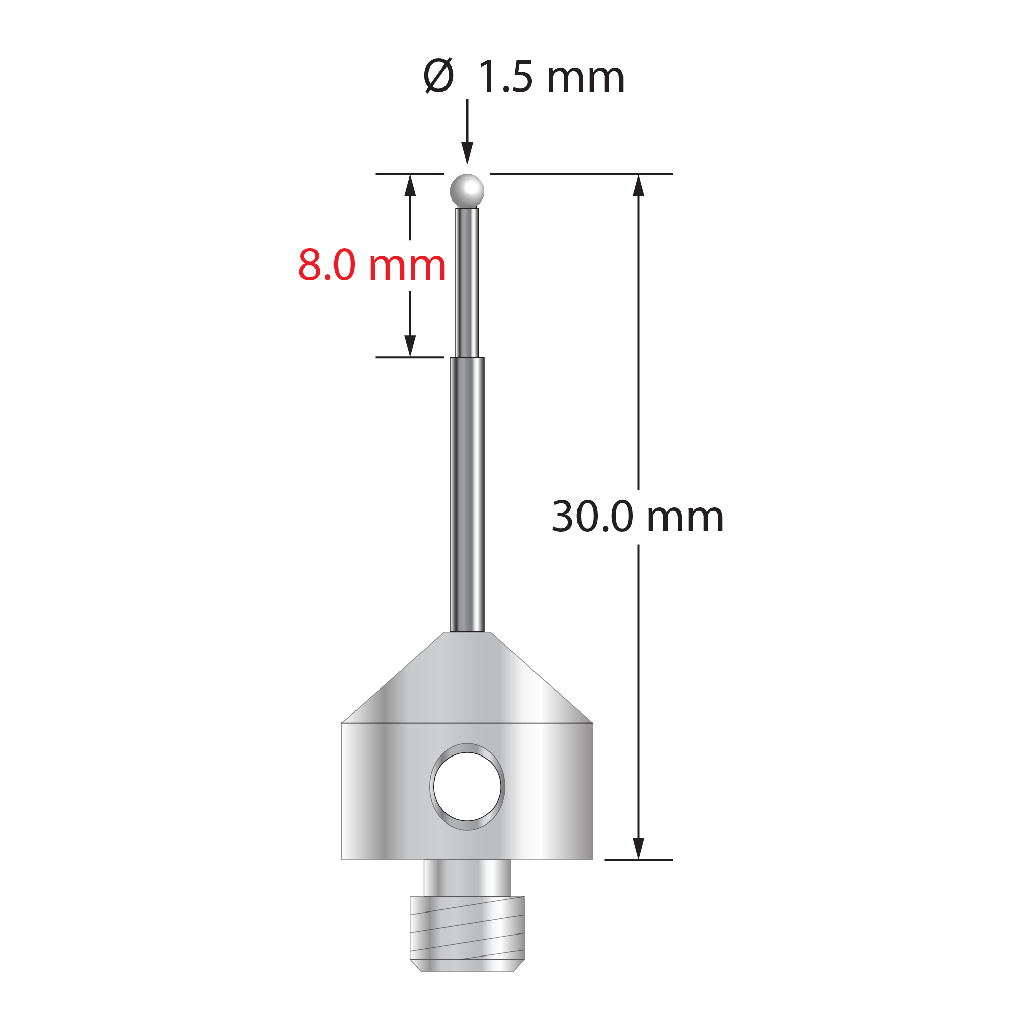 M5 stylus with 1.5 mm diameter zirconia ball, stepped carbide stem, and 11.0 mm diameter x 10.0 mm long stainless steel base. Minor stem diameter is 1.0 mm; major diameter is 1.5 mm. Overall stylus length is 30.0 mm. Stylus weight is 6.05 grams.