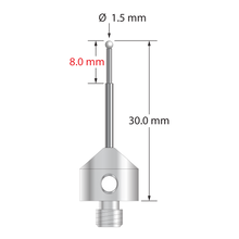 M5 stylus with 1.5 mm diameter zirconia ball, stepped carbide stem, and 11.0 mm diameter x 10.0 mm long stainless steel base. Minor stem diameter is 1.0 mm; major diameter is 1.5 mm. Overall stylus length is 30.0 mm. Stylus weight is 6.05 grams.