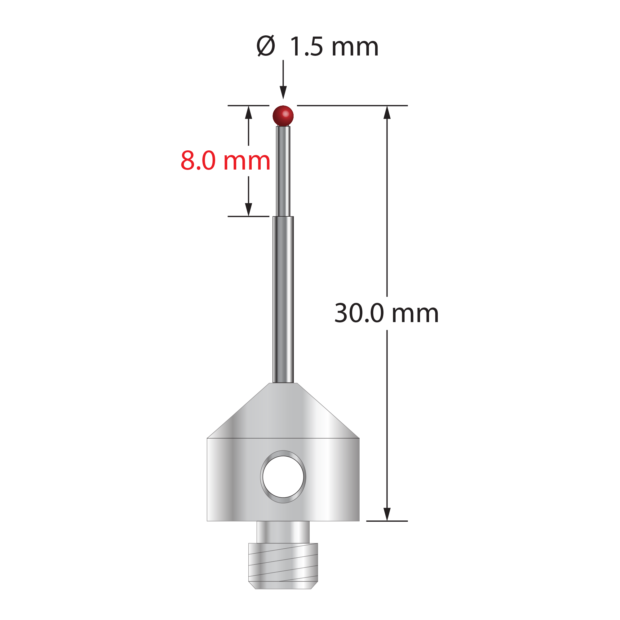 M5 stylus with 1.5 mm diameter ruby ball, stepped carbide stem, and 11.0 mm diameter x 10.0 mm long stainless steel base. Minor stem diameter is 1.0 mm; major diameter is 1.5 mm. Overall stylus length is 30.0 mm. Stylus weight is 6.05 grams.