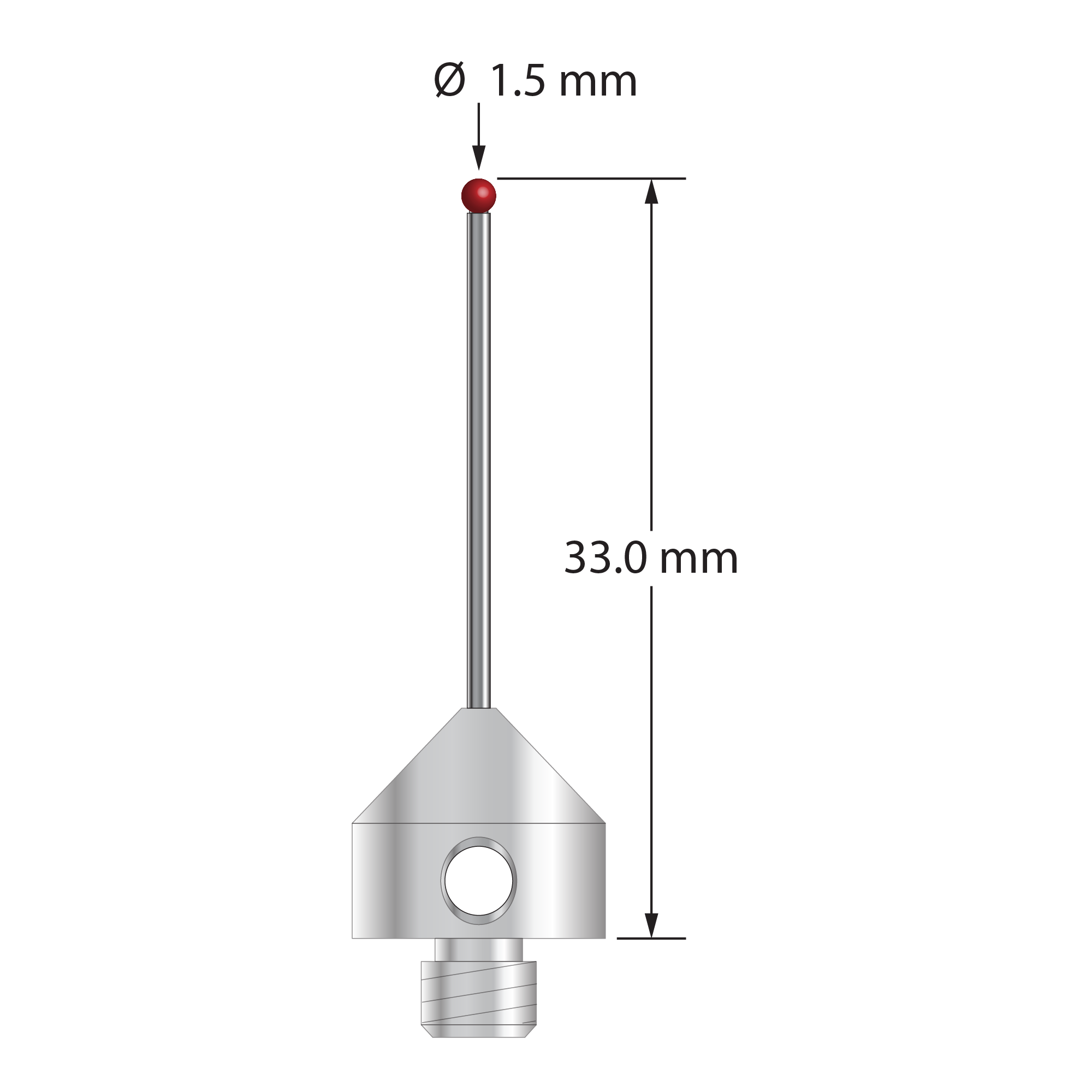 M5 stylus with 1.5 mm diameter ruby ball, 1.0 mm diameter carbide stem, and 11.0 mm diameter x 10.0 mm long stainless steel base. Overall stylus length is 33.0 mm. Stylus weight is 5.77 grams. Compare to Zeiss 626115-0152-033.
