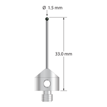 M5 stylus with 1.5 mm diameter silicon nitride ball, 1.0 mm diameter carbide stem, and 11.0 mm diameter x 9.0 mm long stainless steel base. Overall stylus length is 33.0 mm. Stylus weight is 5.78 grams. Compare to Zeiss 000000-1323-893.