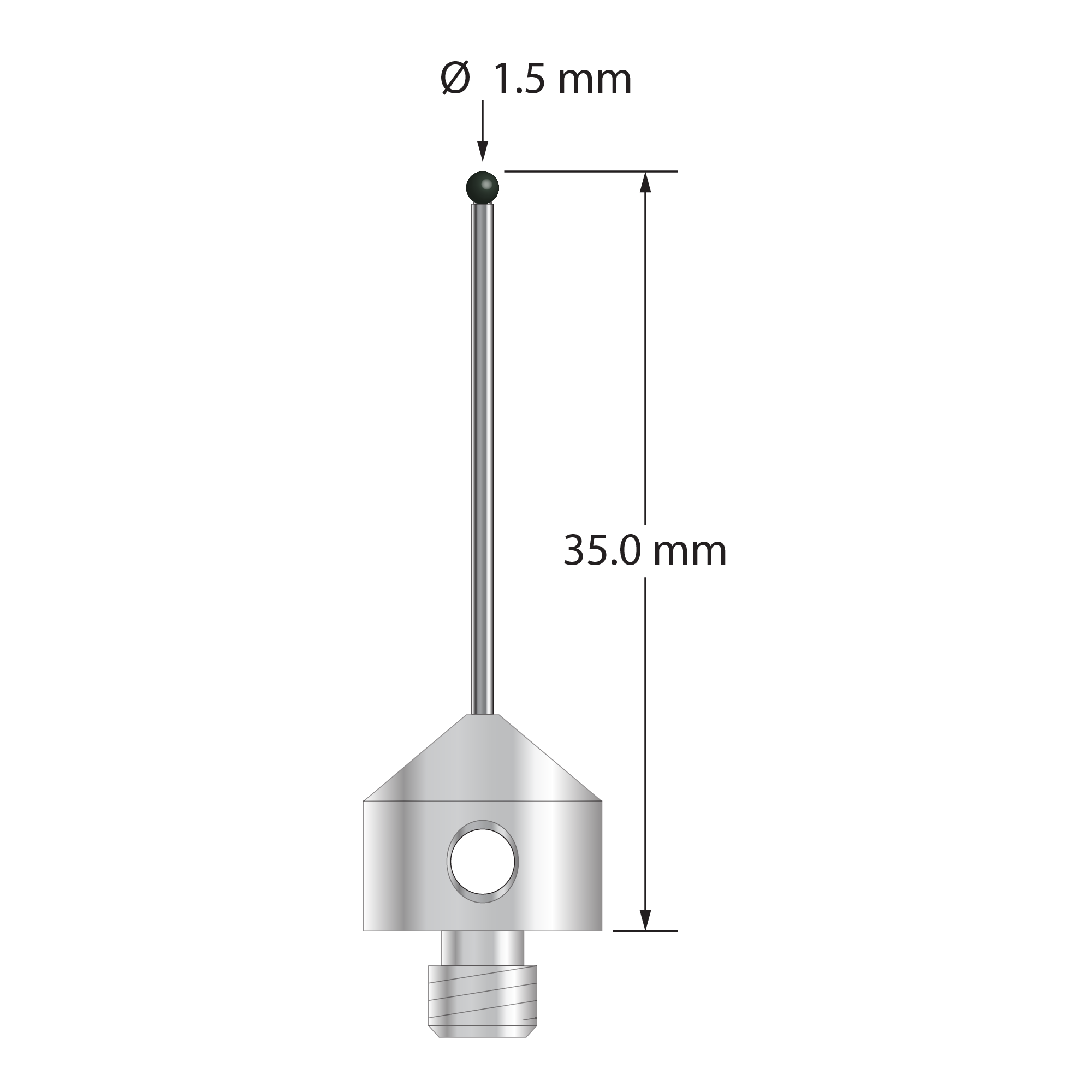 M5 stylus with 1.5 mm diameter silicon nitride ball, 1.0 mm diameter carbide stem, and 11.0 mm diameter x 10.0 mm long stainless steel base. Overall stylus length is 35.0 mm. Stylus weight is 5.80 grams.