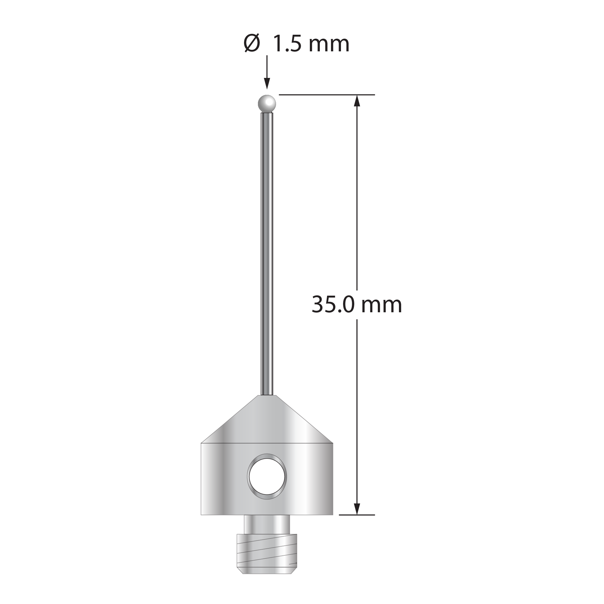 M5 stylus with 1.5 mm diameter zirconia ball, 1.0 mm diameter carbide stem, and 11.0 mm diameter x 10.0 mm long stainless steel base. Overall stylus length is 35.0 mm. Stylus weight is 5.80 grams.