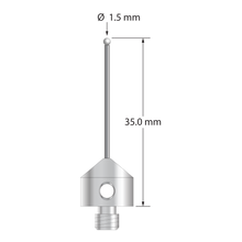 M5 stylus with 1.5 mm diameter zirconia ball, 1.0 mm diameter carbide stem, and 11.0 mm diameter x 10.0 mm long stainless steel base. Overall stylus length is 35.0 mm. Stylus weight is 5.80 grams.