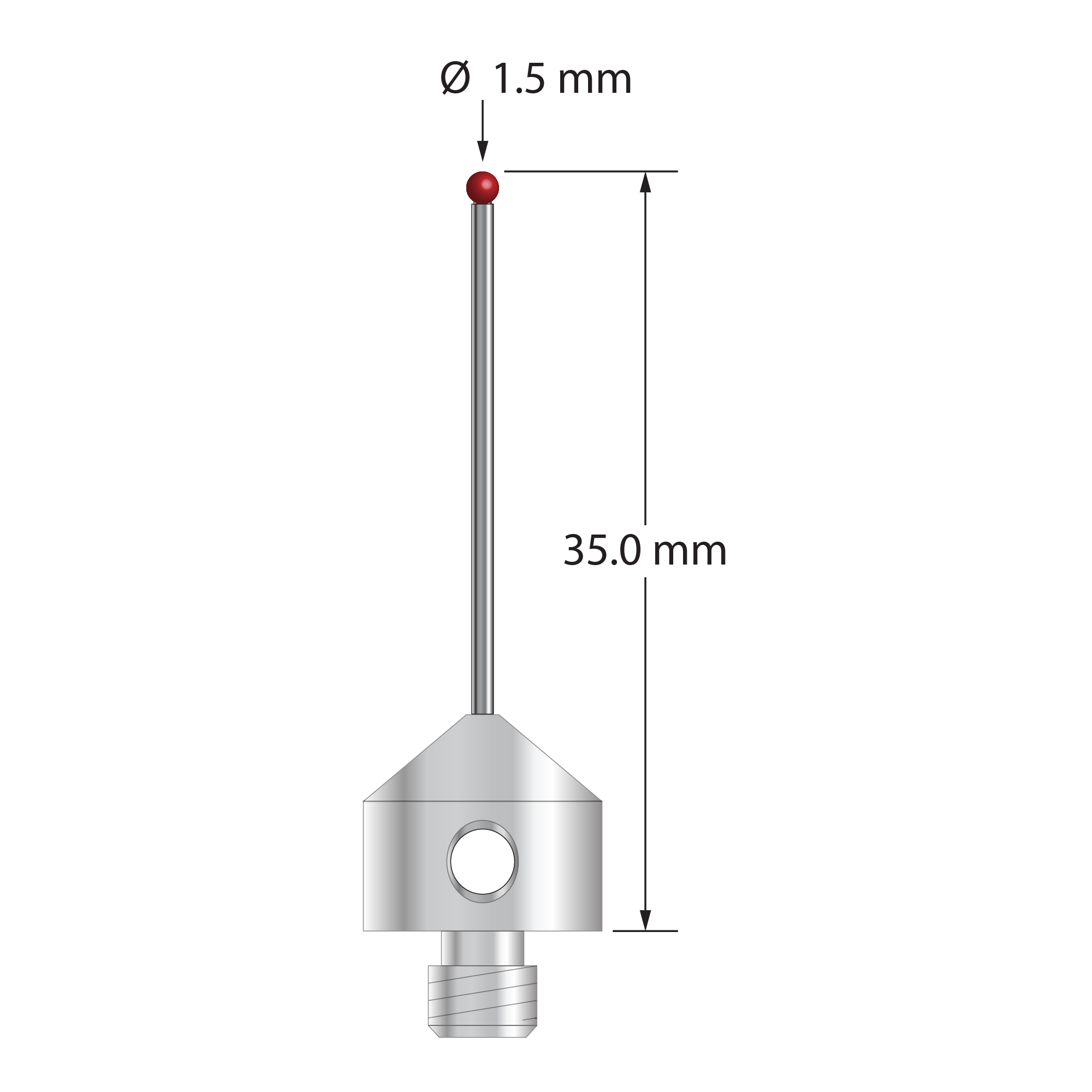 M5 stylus with 1.5 mm diameter ruby ball, 1.0 mm diameter carbide stem, and 11.0 mm diameter x 10.0 mm long stainless steel base. Overall stylus length is 35.0 mm. Stylus weight is 5.80 grams.
