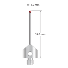 M5 stylus with 1.5 mm diameter ruby ball, 1.0 mm diameter carbide stem, and 11.0 mm diameter x 10.0 mm long stainless steel base. Overall stylus length is 35.0 mm. Stylus weight is 5.80 grams.