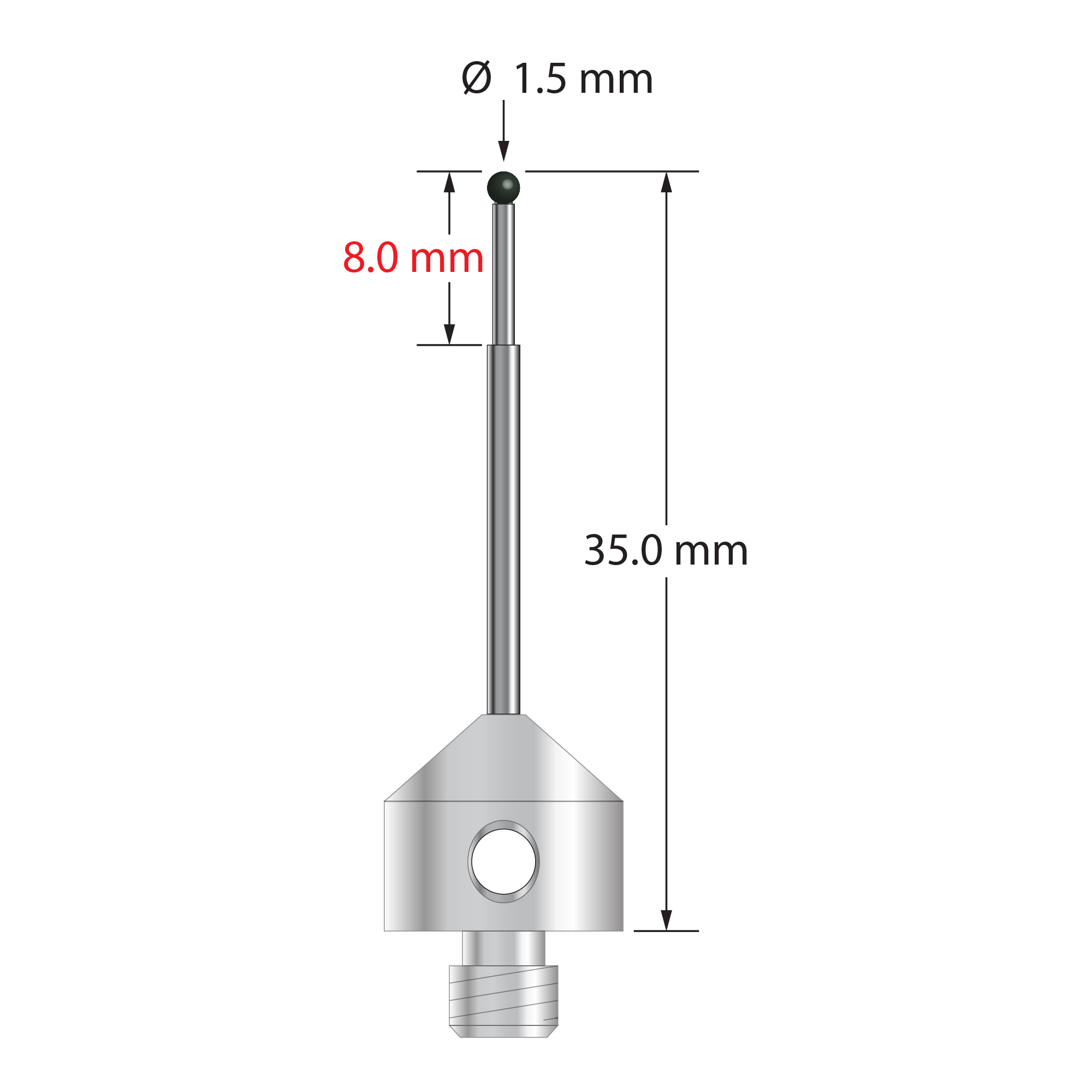 M5 stylus with 1.5 mm diameter silicon nitride ball, stepped carbide stem, and 11.0 mm diameter x 10.0 mm long stainless steel base. Minor stem diameter is 1.0 mm; major diameter is 1.5 mm. Overall stylus length is 35.0 mm. Stylus weight is 6.17 grams.