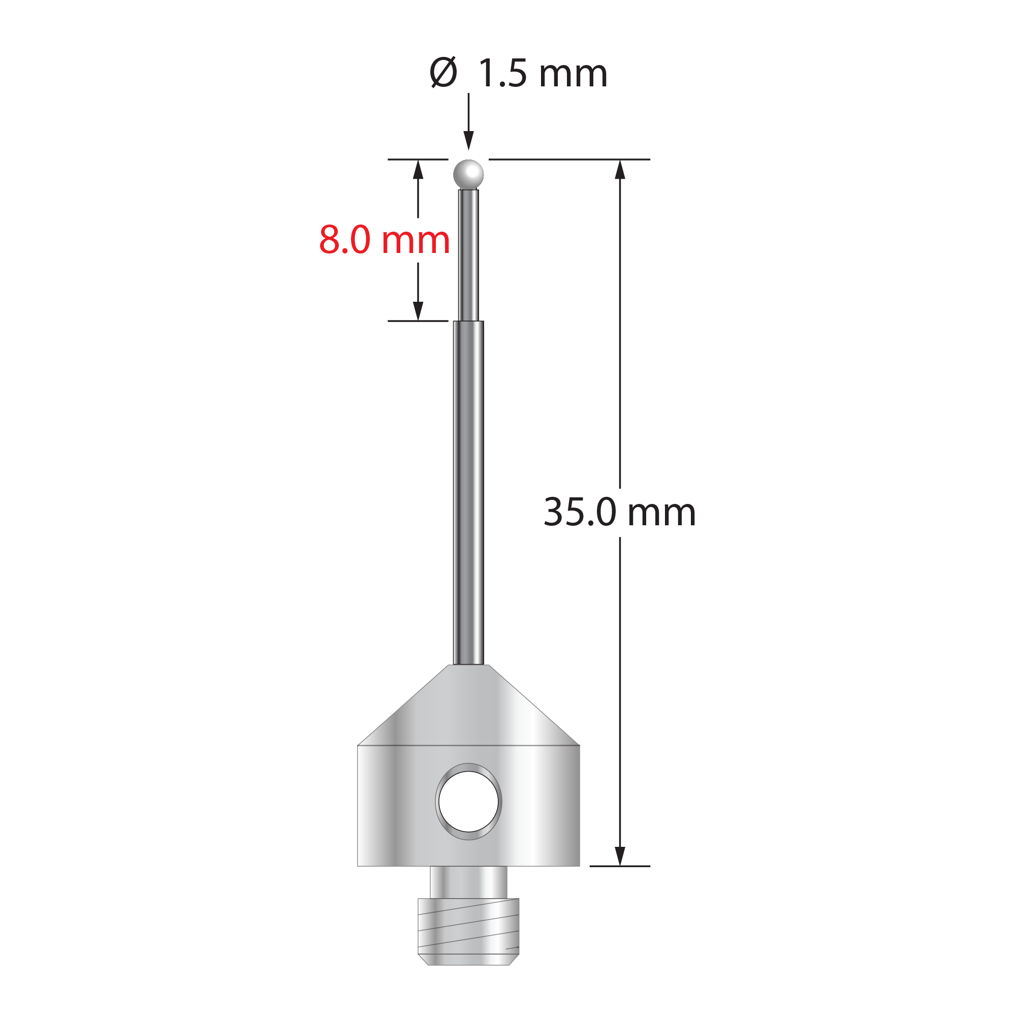 M5 stylus with 1.5 mm diameter zirconia ball, stepped carbide stem, and 11.0 mm diameter x 10.0 mm long stainless steel base. Minor stem diameter is 1.0 mm; major diameter is 1.5 mm. Overall stylus length is 35.0 mm. Stylus weight is 6.17 grams.