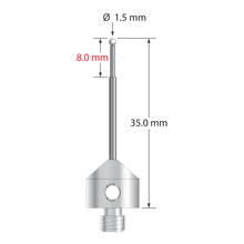 M5 stylus with 1.5 mm diameter zirconia ball, stepped carbide stem, and 11.0 mm diameter x 10.0 mm long stainless steel base. Minor stem diameter is 1.0 mm; major diameter is 1.5 mm. Overall stylus length is 35.0 mm. Stylus weight is 6.17 grams.
