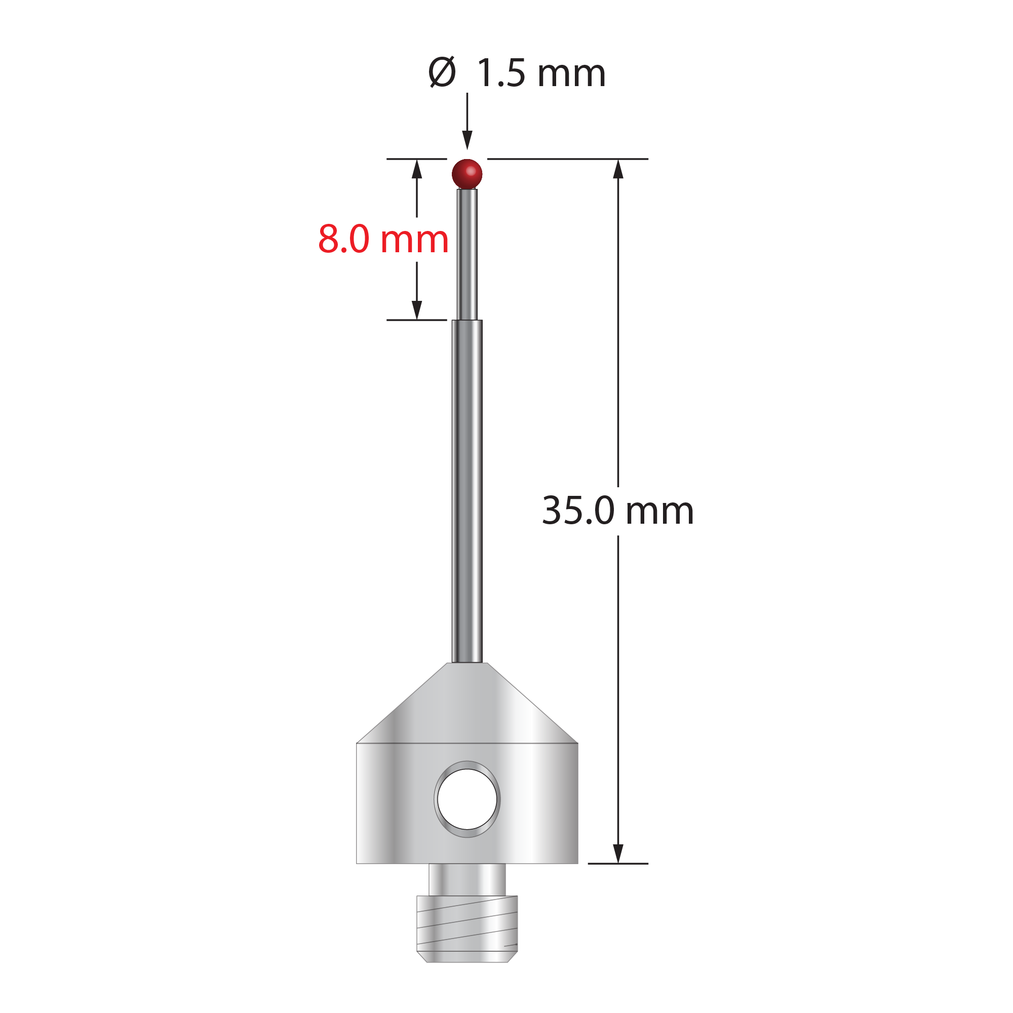 M5 stylus with 1.5 mm diameter ruby ball, stepped carbide stem, and 11.0 mm diameter x 10.0 mm long stainless steel base. Minor stem diameter is 1.0 mm; major diameter is 1.5 mm. Overall stylus length is 35.0 mm. Stylus weight is 6.17 grams.