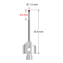 M5 stylus with 1.5 mm diameter ruby ball, stepped carbide stem, and 11.0 mm diameter x 10.0 mm long stainless steel base. Minor stem diameter is 1.0 mm; major diameter is 1.5 mm. Overall stylus length is 35.0 mm. Stylus weight is 6.17 grams.