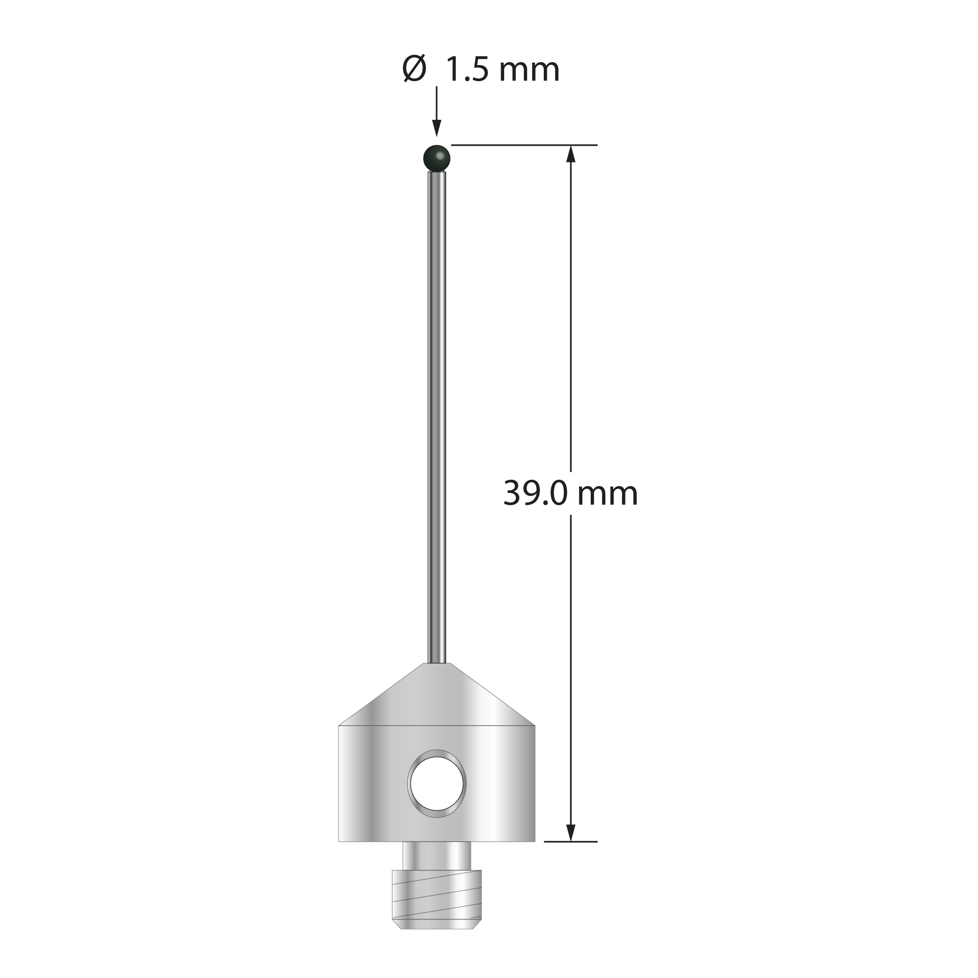 M5 stylus with 1.5 mm diameter silicon nitride ball, 1.0 mm diameter carbide stem, and 11.0 mm diameter x 10.0 mm long stainless steel base. Overall stylus length is 39.0 mm. Stylus weight is 5.84 grams. Compare to Zeiss 626105-0145-039.