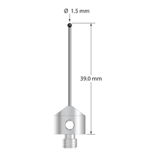 M5 stylus with 1.5 mm diameter silicon nitride ball, 1.0 mm diameter carbide stem, and 11.0 mm diameter x 10.0 mm long stainless steel base. Overall stylus length is 39.0 mm. Stylus weight is 5.84 grams. Compare to Zeiss 626105-0145-039.