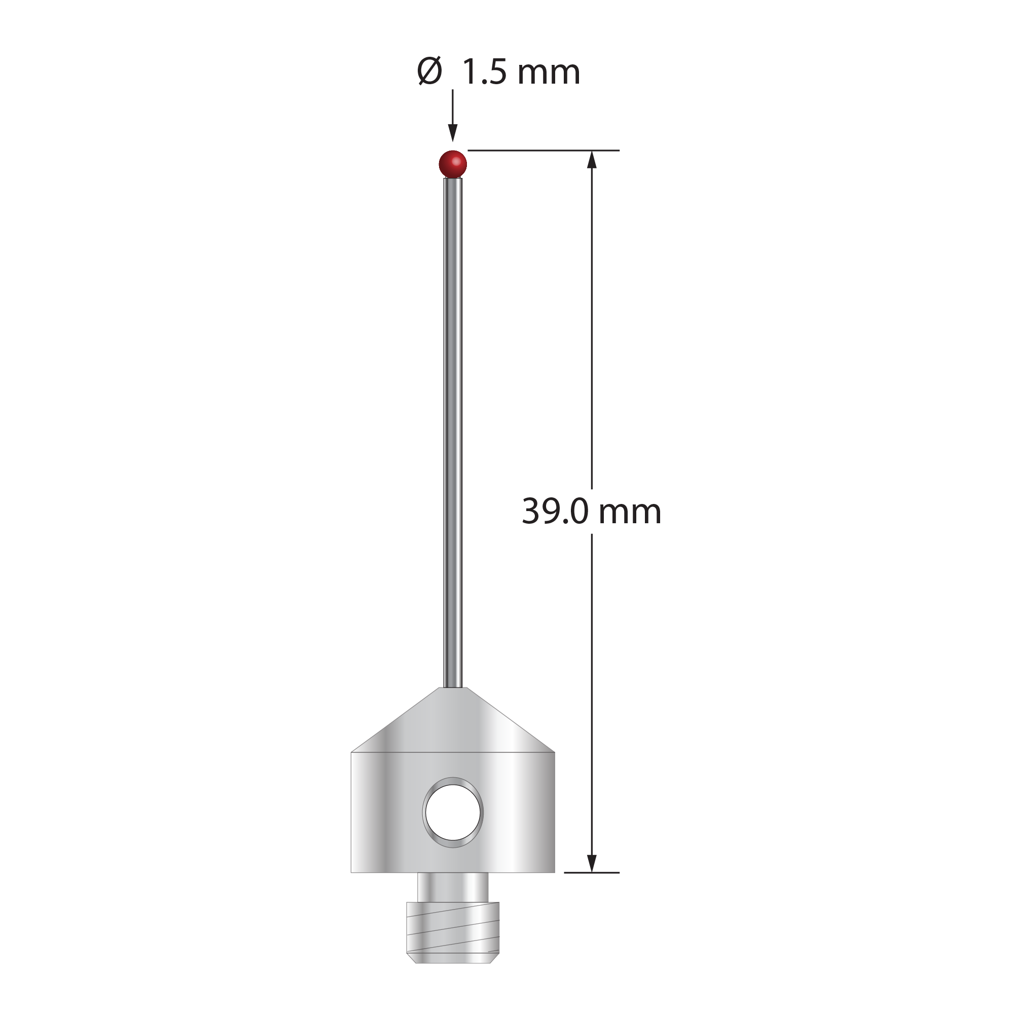 M5 stylus with 1.5 mm diameter ruby ball, 1.0 mm diameter carbide stem, and 11.0 mm diameter x 10.0 mm long stainless steel base. Overall stylus length is 39.0 mm. Stylus weight is 5.84 grams. Compare to Zeiss 626105-0144-039.