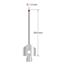 M5 stylus with 1.5 mm diameter ruby ball, 1.0 mm diameter carbide stem, and 11.0 mm diameter x 10.0 mm long stainless steel base. Overall stylus length is 39.0 mm. Stylus weight is 5.84 grams. Compare to Zeiss 626105-0144-039.