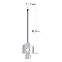 M5 stylus with 1.5 mm diameter silicon nitride ball, 1.0 mm diameter carbide stem, and 11.0 mm diameter x 10.0 mm long stainless steel base. Overall stylus length is 40.0 mm. Stylus weight is 5.86 grams.