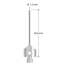 M5 stylus with 1.5 mm diameter zirconia ball, 1.0 mm diameter carbide stem, and 11.0 mm diameter x 10.0 mm long stainless steel base. Overall stylus length is 40.0 mm. Stylus weight is 5.86 grams.