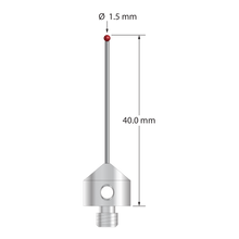 M5 stylus with 1.5 mm diameter ruby ball, 1.0 mm diameter carbide stem, and 11.0 mm diameter x 10.0 mm long stainless steel base. Overall stylus length is 40.0 mm. Stylus weight is 5.86 grams. Compare to Zeiss 626115-0151-040.