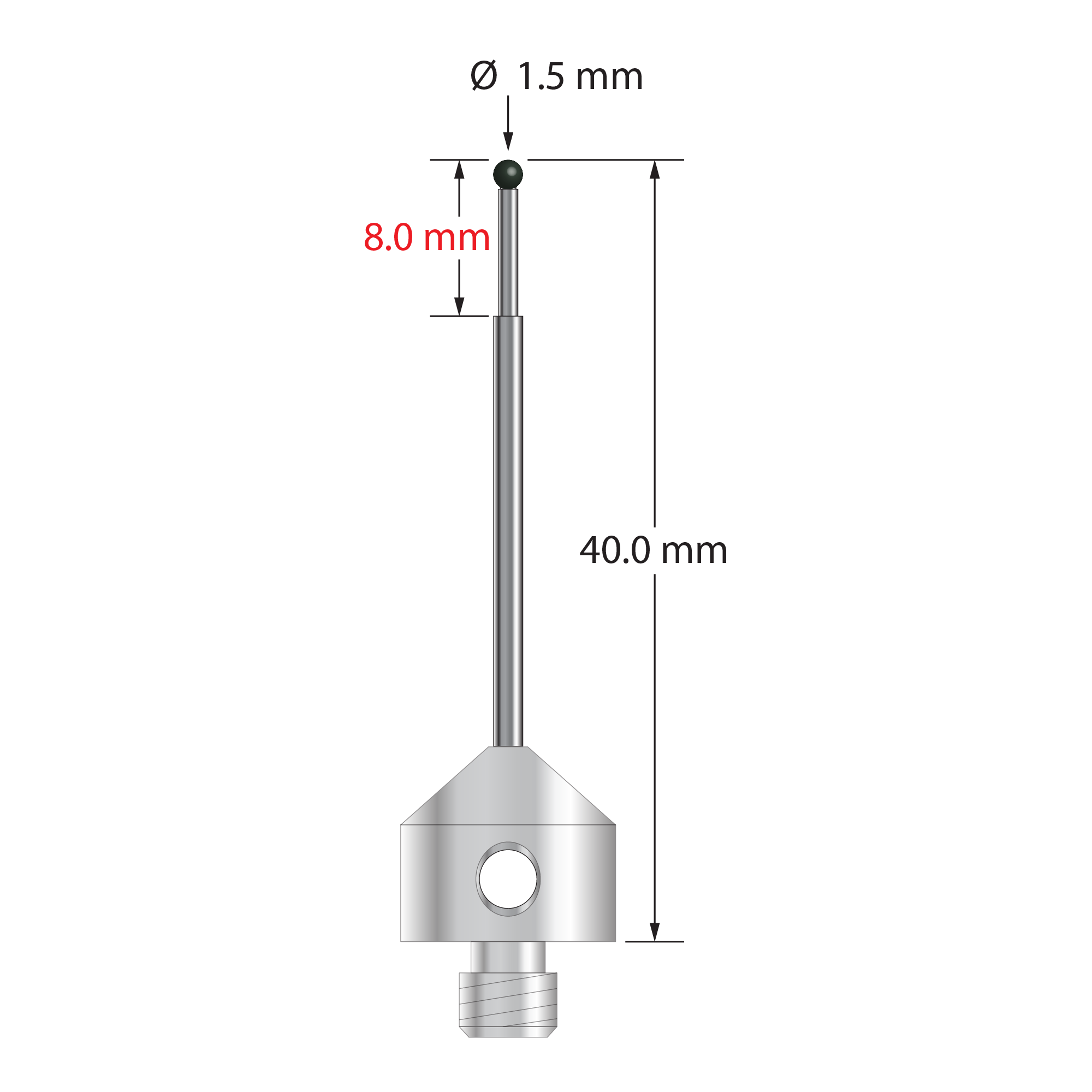 M5 stylus with 1.5 mm diameter silicon nitride ball, stepped carbide stem, and 11.0 mm diameter x 10.0 mm long stainless steel base. Minor stem diameter is 1.0 mm; major diameter is 1.5 mm. Overall stylus length is 40.0 mm. Stylus weight is 6.29 grams.