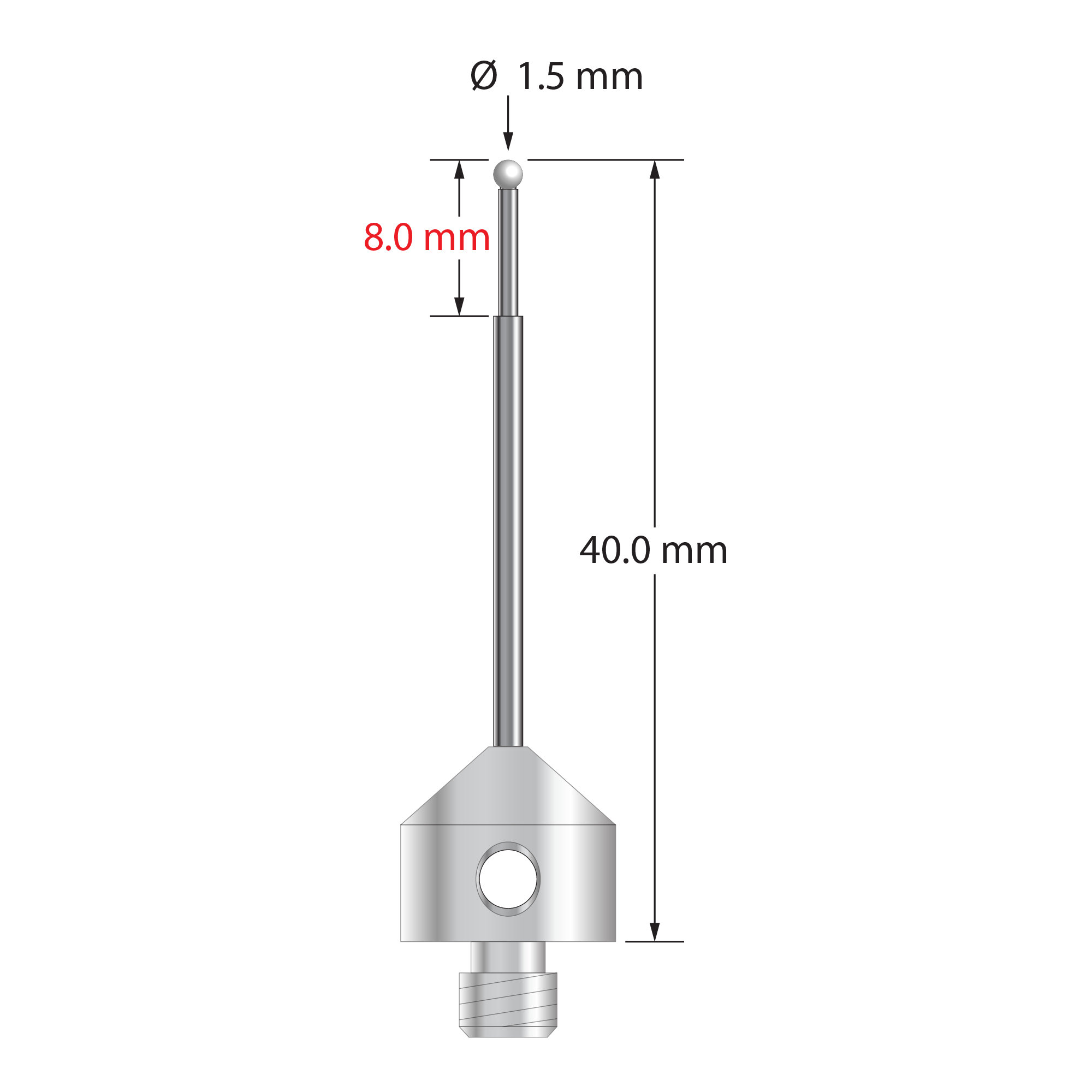 M5 stylus with 1.5 mm diameter zirconia ball, stepped carbide stem, and 11.0 mm diameter x 10.0 mm long stainless steel base. Minor stem diameter is 1.0 mm; major diameter is 1.5 mm. Overall stylus length is 40.0 mm. Stylus weight is 6.29 grams.