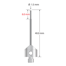 M5 stylus with 1.5 mm diameter zirconia ball, stepped carbide stem, and 11.0 mm diameter x 10.0 mm long stainless steel base. Minor stem diameter is 1.0 mm; major diameter is 1.5 mm. Overall stylus length is 40.0 mm. Stylus weight is 6.29 grams.