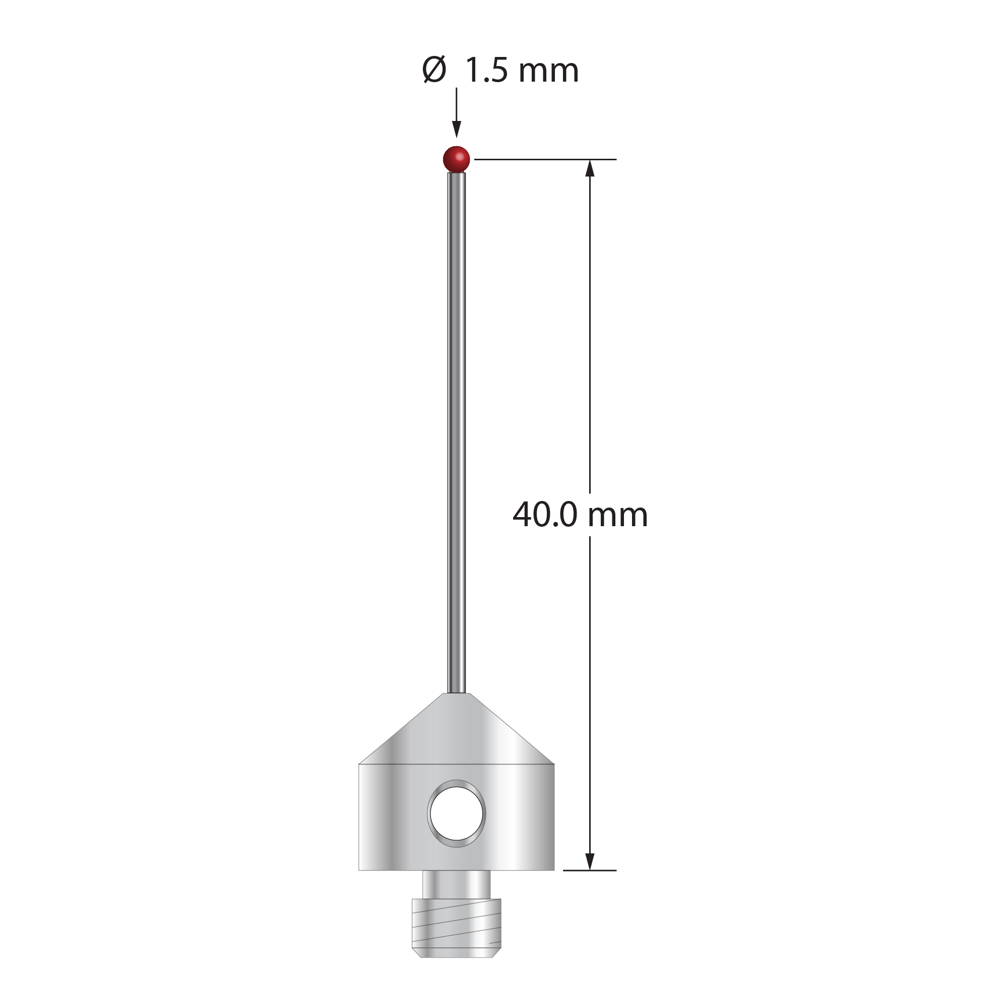 M5 stylus with 1.5 mm diameter silicon nitride ball, 1.0 mm diameter carbide stem, and 11.0 mm diameter x 10.0 mm long stainless steel base. Stylus length to ball center is 40.0 mm. Stylus weight is 5.93 grams.