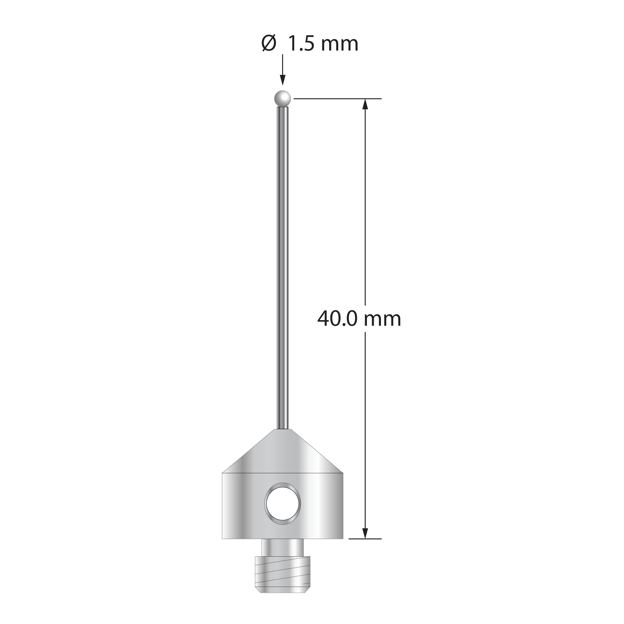 M5 stylus with 1.5 mm diameter zirconia ball, 1.0 mm diameter carbide stem, and 11.0 mm diameter x 10.0 mm long stainless steel base. Stylus length to ball center is 40.0 mm. Stylus weight is 5.93 grams.