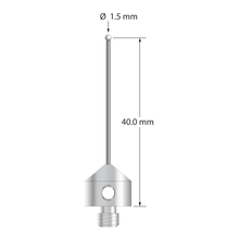 M5 stylus with 1.5 mm diameter zirconia ball, 1.0 mm diameter carbide stem, and 11.0 mm diameter x 10.0 mm long stainless steel base. Stylus length to ball center is 40.0 mm. Stylus weight is 5.93 grams.
