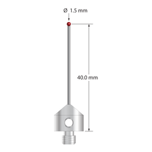 M5 stylus with 1.5 mm diameter ruby ball, 1.0 mm diameter carbide stem, and 11.0 mm diameter x 10.0 mm long stainless steel base. Stylus length to ball center is 40.0 mm. Stylus weight is 5.93 grams.