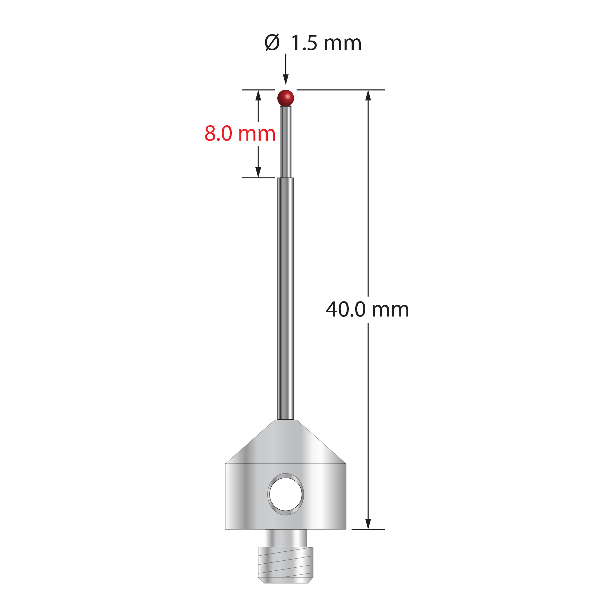M5 stylus with 1.5 mm diameter ruby ball, stepped carbide stem, and 11.0 mm diameter x 10.0 mm long stainless steel base. Minor stem diameter is 1.0 mm; major diameter is 1.5 mm. Overall stylus length is 40.0 mm. Stylus weight is 6.29 grams.