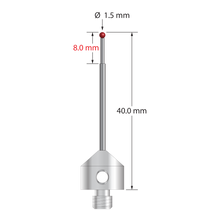 M5 stylus with 1.5 mm diameter ruby ball, stepped carbide stem, and 11.0 mm diameter x 10.0 mm long stainless steel base. Minor stem diameter is 1.0 mm; major diameter is 1.5 mm. Overall stylus length is 40.0 mm. Stylus weight is 6.29 grams.