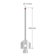 M5 stylus with 1.5 mm diameter ruby ball, 1.0 mm diameter carbide stem, and 10.0 mm diameter x 10.0 mm long stainless steel base. Overall stylus length is 44.0 mm. Stylus weight is 5.80 grams.