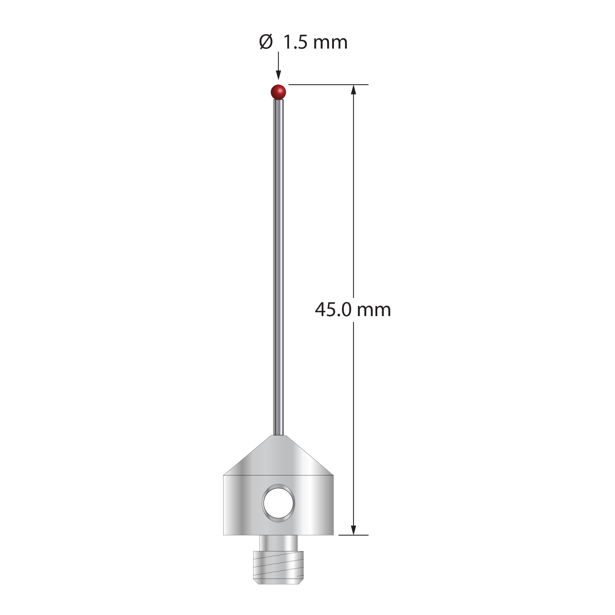 M5 stylus with 1.5 mm diameter silicon nitride ball, 1.0 mm diameter carbide stem, and 11.0 mm diameter x 10.0 mm long stainless steel base. Overall stylus length is 45.0 mm. Stylus weight is 6.04 grams.
