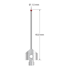 M5 stylus with 1.5 mm diameter silicon nitride ball, 1.0 mm diameter carbide stem, and 11.0 mm diameter x 10.0 mm long stainless steel base. Overall stylus length is 45.0 mm. Stylus weight is 6.04 grams.