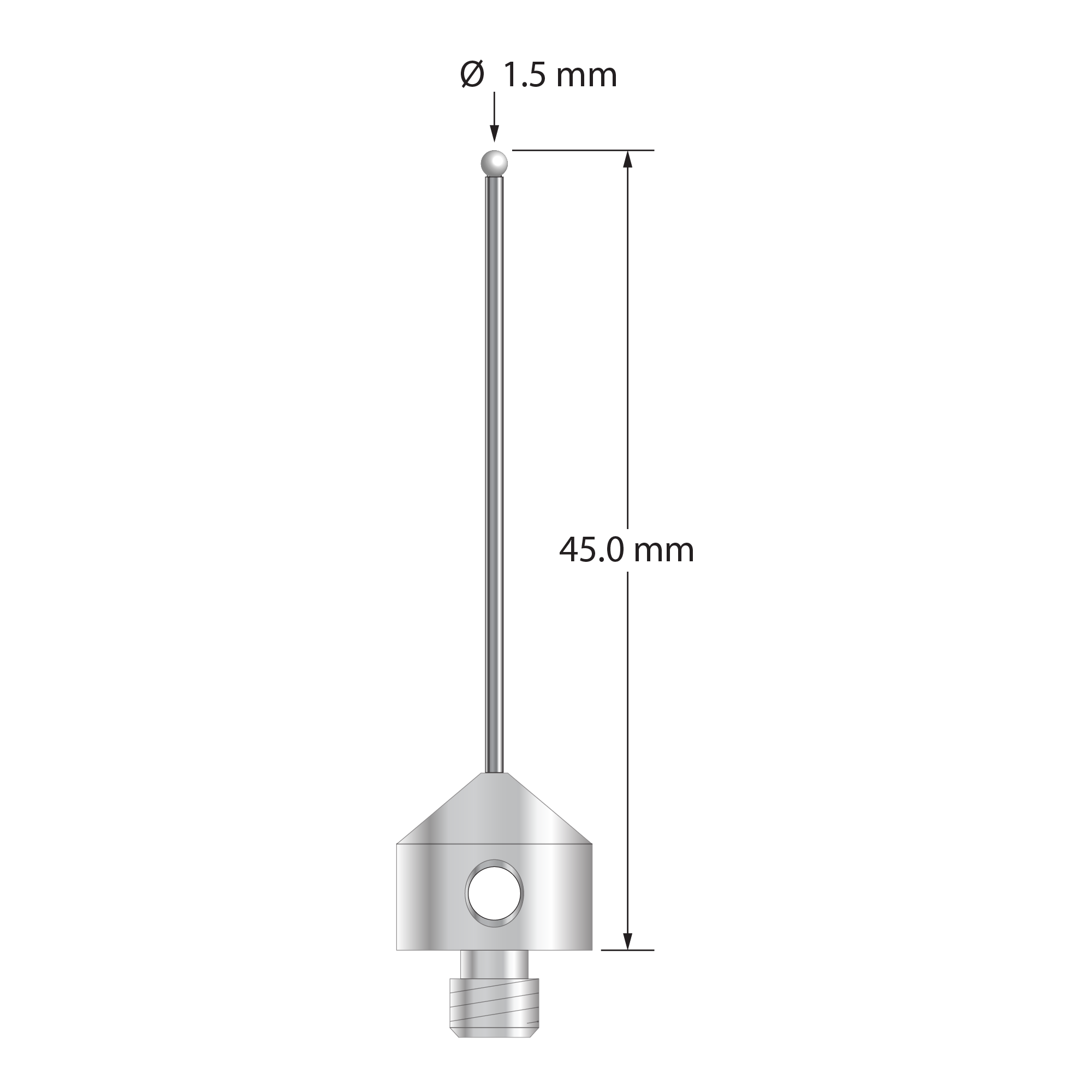 M5 stylus with 1.5 mm diameter zirconia ball, 1.0 mm diameter carbide stem, and 11.0 mm diameter x 10.0 mm long stainless steel base. Overall stylus length is 45.0 mm. Stylus weight is 6.04 grams.