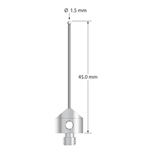 M5 stylus with 1.5 mm diameter zirconia ball, 1.0 mm diameter carbide stem, and 11.0 mm diameter x 10.0 mm long stainless steel base. Overall stylus length is 45.0 mm. Stylus weight is 6.04 grams.