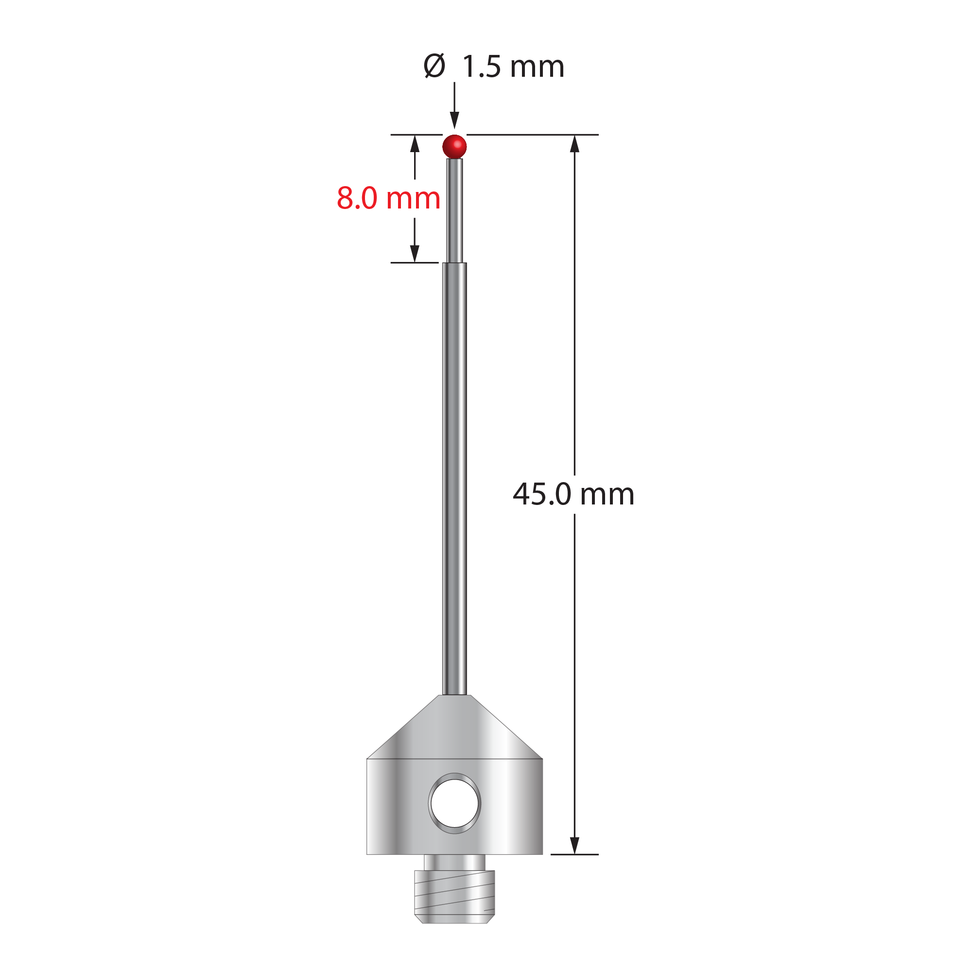 M5 stylus with 1.5 mm diameter ruby ball, stepped carbide stem, and 11.0 mm diameter x 10.0 mm long hard anodized aluminum base. Minor stem diameter is 1.0 mm; major diameter is 1.5 mm. Overall stylus length is 45.0 mm. Stylus weight is 2.84 grams.
