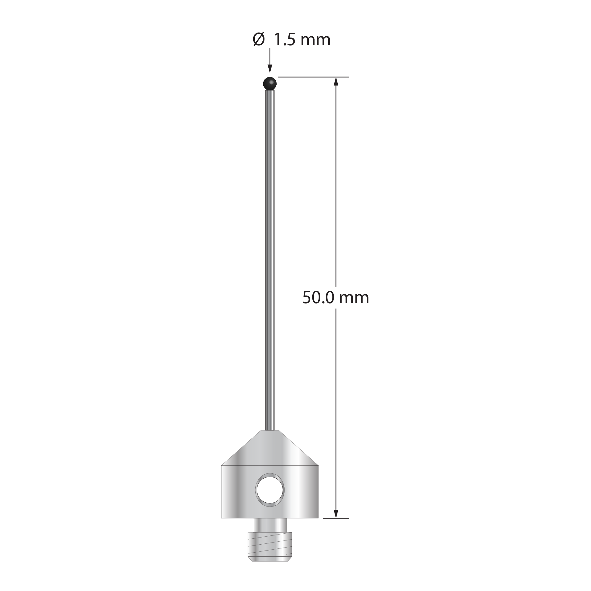 M5 stylus with 1.5 mm diameter silicon nitride ball, 1.0 mm diameter carbide stem, and 11.0 mm diameter x 10.0 mm long stainless steel base. Overall stylus length is 50.0 mm. Stylus weight is 6.06 grams.