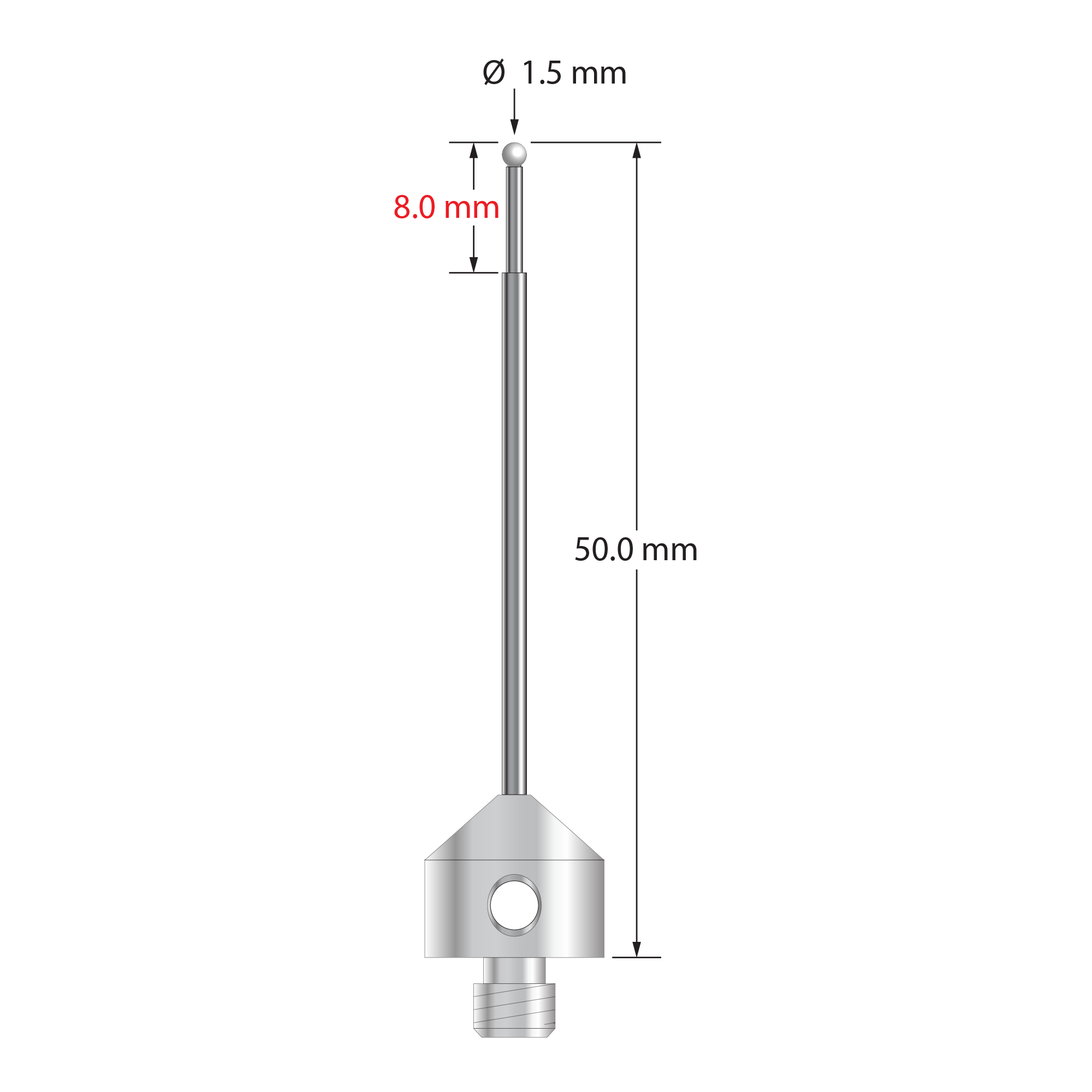 M5 stylus with 1.5 mm diameter zirconia ball, stepped carbide stem, and 11.0 mm diameter x 10.0 mm long stainless steel base. Minor stem diameter is 1.0 mm; major diameter is 1.5 mm. Overall stylus length is 50.0 mm. Stylus weight is 6.53 grams.